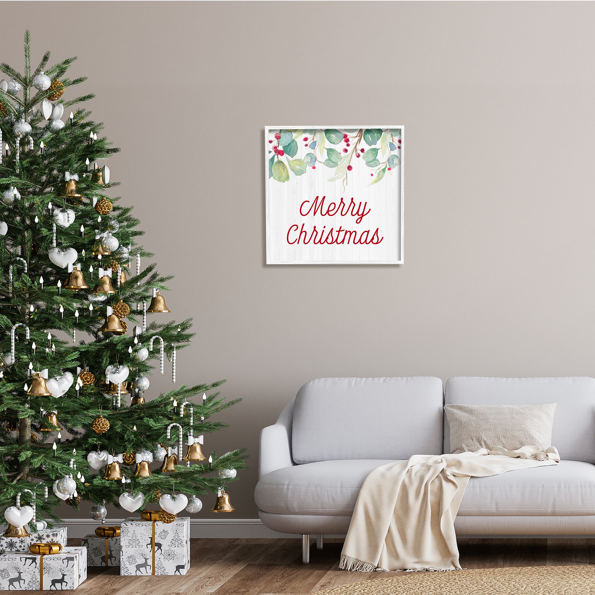 Stupell Indtries Merry Christmas Sentiment Festive Falling Red Holly Vines,24 x 24,Design by Patricia Pinto