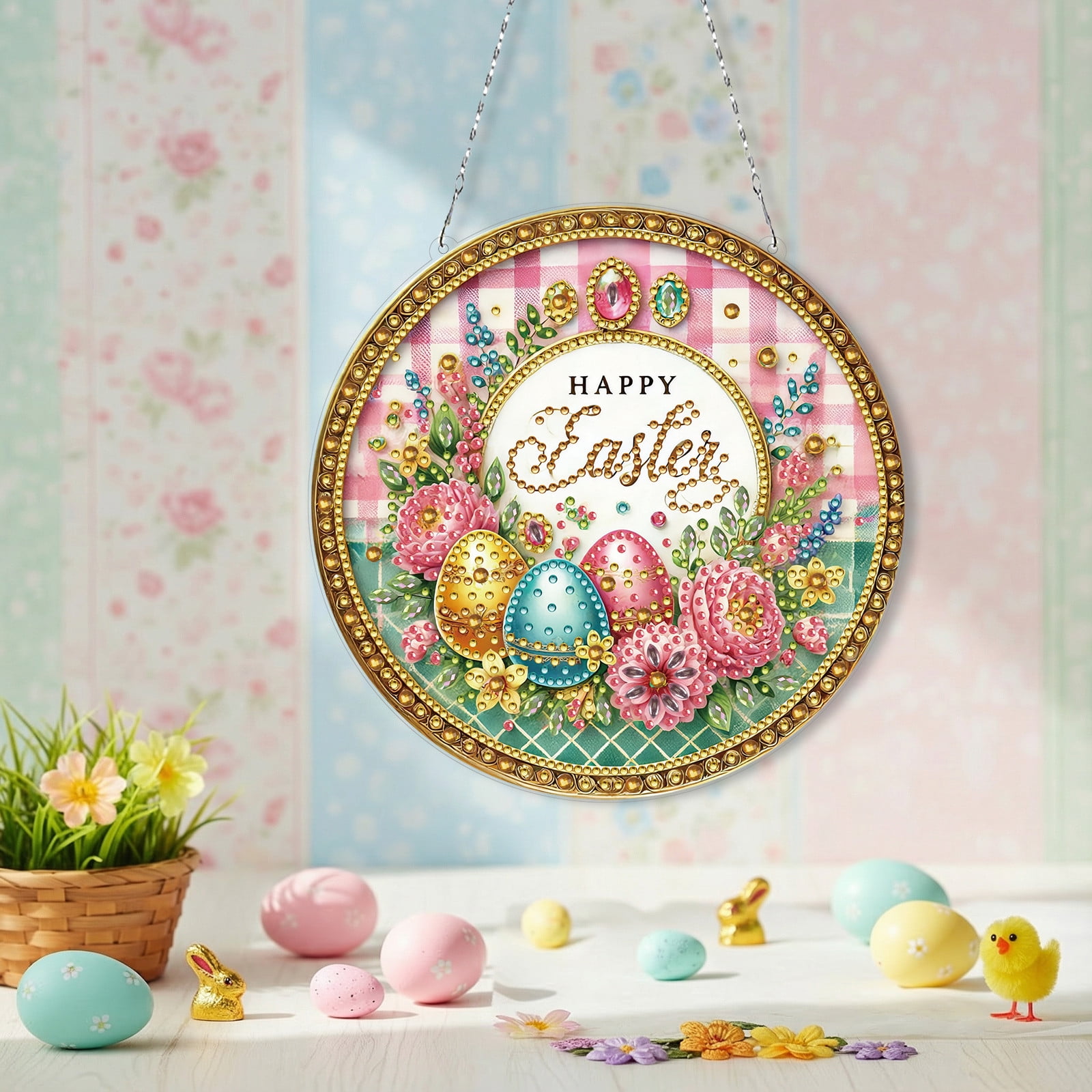 FLOPESN Circular Traditional-Style DIY Diamond Art Painting Pendant Easter Creative Design PET Material Home Decor Pendant