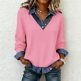 thumbnail image 2 of Daznico Denim Patchwork Button Down Long Sleeve Casual Blouse Featuring Contrast Fabric Details, 2 of 7