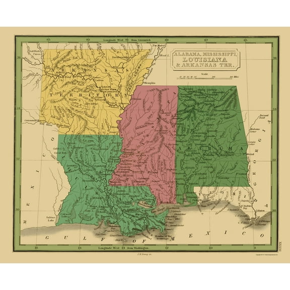 Historic State Map - Alabama Mississippi Louisiana Arkansas - Grigg 1830 - Vintage Wall Art