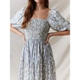 thumbnail image 6 of Blue Floral Print Square Neck Puff Sleeve Tiered Smocked A-Line Maxi Dress For Women, 6 of 8