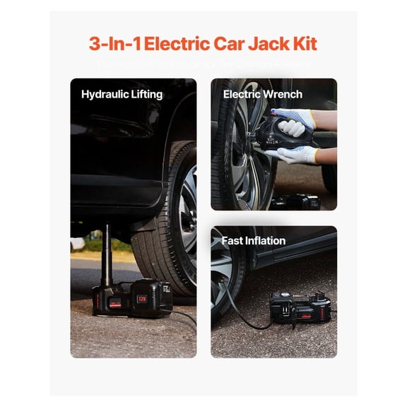 Electric Car Jack 5 Ton, 11000lbs Lift Kit with Impact Wrench - Tire Change Tool for Cars, SUVs, Trucks - 3-in-1 Inflator, Hydraulic Jack & Electric Wrench