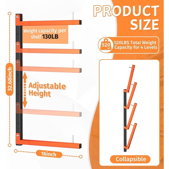 2 Pack Lumber Storage Rack, Adjustable Lumber Rack Wall Mount With 4-Level, Heavy Duty Sturdy Garage Wood Organizer Wood Storage Racks Holds Up 520 LBS, Indoor & Outdoor Use (Adjustable 2 Pack)