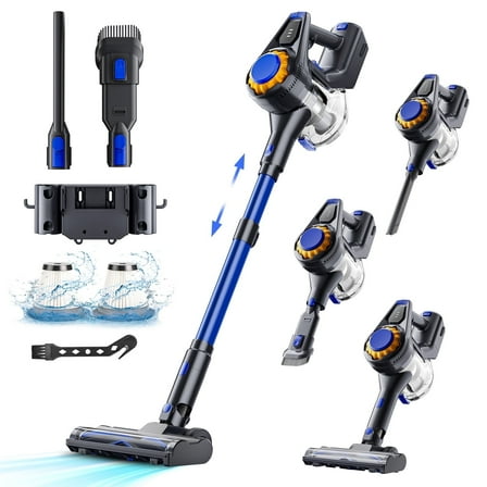 HOOFUN Cordless Vacuum Cleaner, 50mins Runtime, Powerful Stick Vacuum 6*2600mah Rechargeable Cordless Vacuum for Carpet, Tile, Pet Hair, Hardwood Floors, Blue