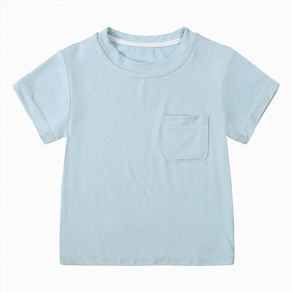 BOBOGOJP Toddler Boy Short Sleeve Shirts Cotton T-Shirts with Pocket Round Neck Tee Tops Blue for Size 6-9 Months