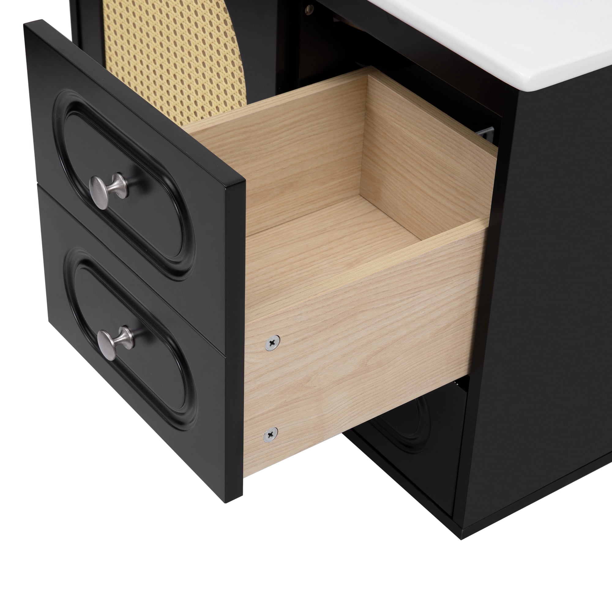 Euroco Mid-Century Modern Bathroom Vanity with Rattan Design, Soft-Close Drawers, Glossy Ceramic Basin, Premium MDF Storage Cabinet for Bathroom, 4-inch Faucet Compatibility