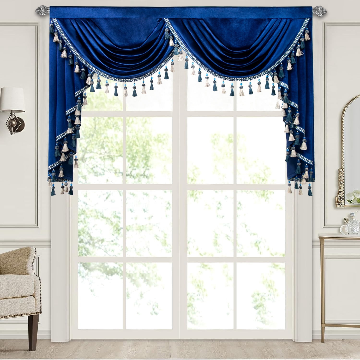 VOGOL Blue Velvet Kitchen Valance, Decorative Waterfall Curtain for Living Room Guest Room Windows, 59 inch Wide Rod Pocket, 1 Panel