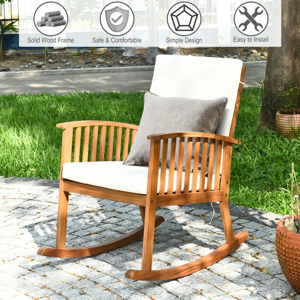 Costway Acacia Wood Rocking Chair Patio Garden Lawn W Cushion