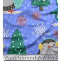 Soimoi Blue Cotton Voile Fabric Christmas Tree & Penguin Cartoon Printed Fabric 1 Yard 42 Inch Wide