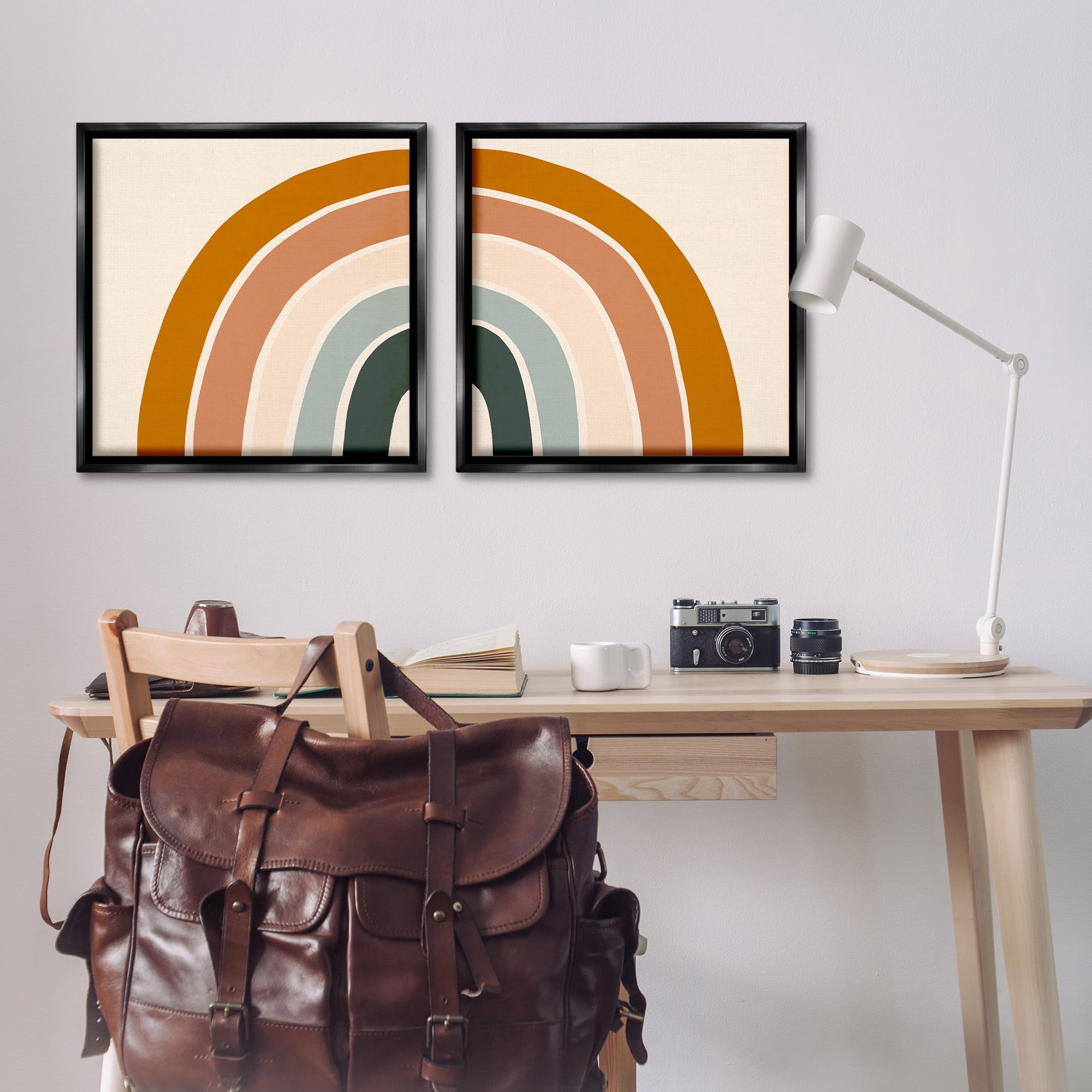 Stupell Industries Asymmetric Warm Retro Rainbow Art for Kids Painting Black Floater Framed Canvas Art Print Wall Art, 25 x 25, Set of 2