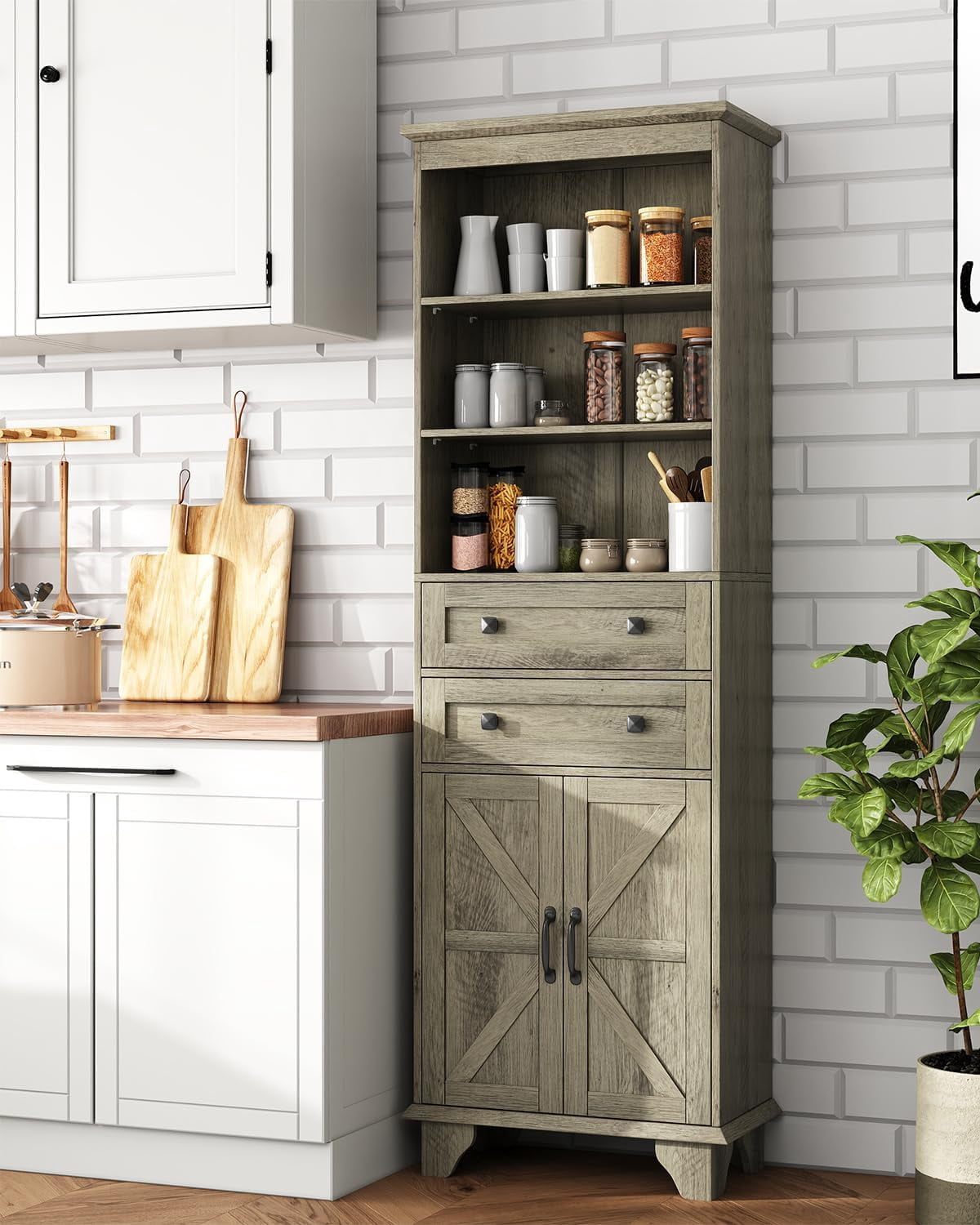 NEGYLIM 72" Tall Bathroom Storage Cabinet, Freestanding Cabinet with Adjustable Shelves, Large Bathroom Pantry Cabinet with 2 Drawers for Living Room, Kitchen, Dining Room, Office, Grey