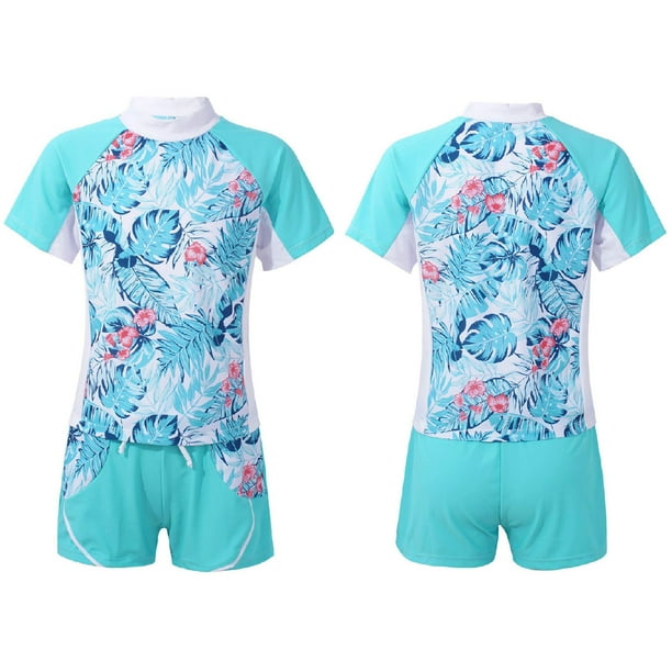 DPOIS Kids Girls Rashguard Tankini Swimsuit Floral Short Sleeve Shirt
