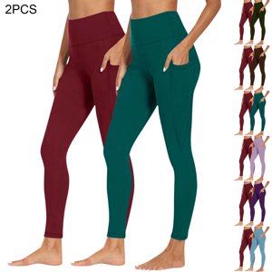 Ruimatai 2-Pack Womens Leggings with Side Pockets, Women's High Waisted Yoga Pants Tummy Control Shaping Workout Running 2PCS