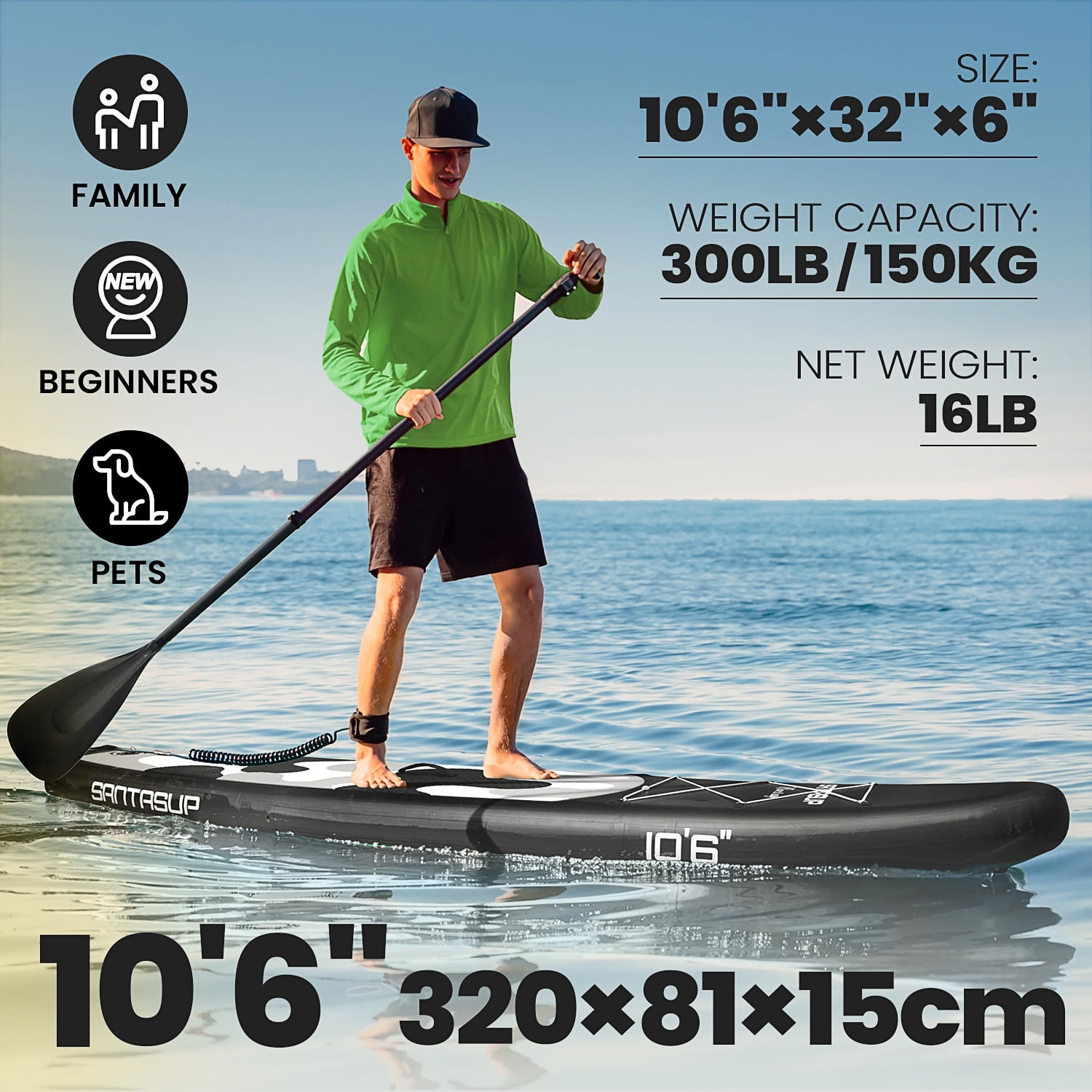Santasup Inflatable Paddle Board, Black White Stand Up Paddle Boards for Adults, Sup Board for Fishing, Wide Stance for All Levels, Sup Accessories with Double Action Pump