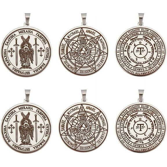 1box 6Pcs 3 Style Seven Archangels Pendant 304 Stainless Steel Amulet Charms 38mm Archangel Michael Coin Pendant Hypoallergenic Metal Spiritual Medal Pendants for Men Women Jewelry Making Gray