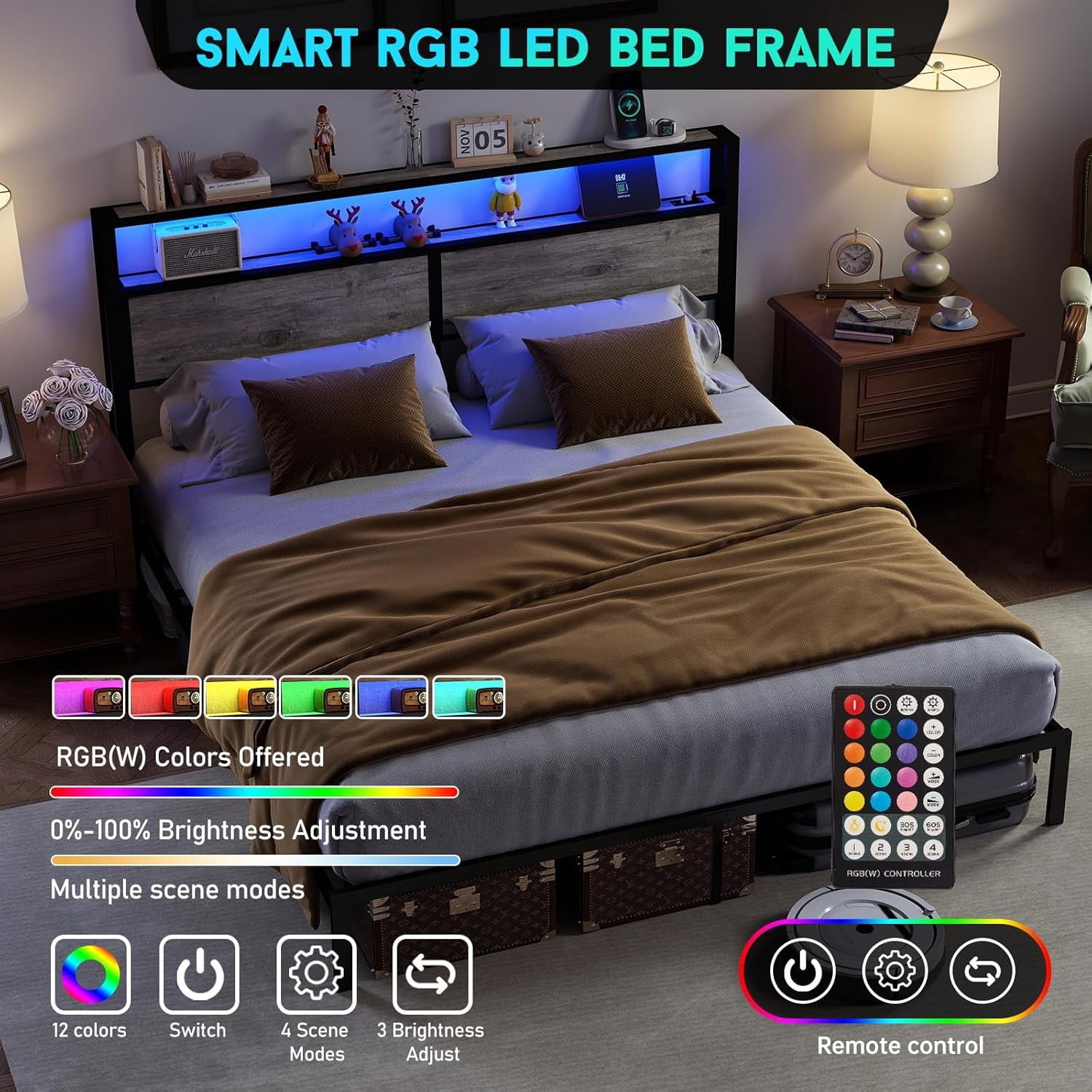 DRNANLIT King Size  Bed Metal Platform Bed Frame with LED Lights Storage Headboard＆Charging Station,Noise Free, Easy Assembly, Rustic Grey