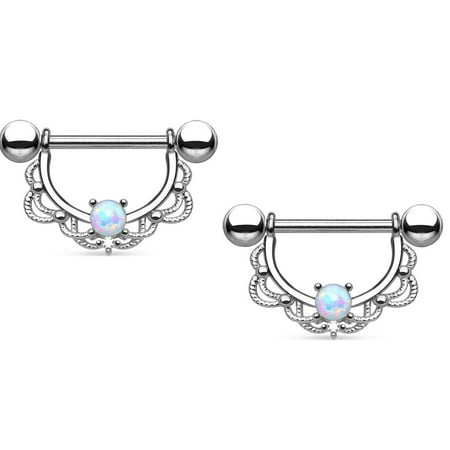 Nipple Ring Bars 14g 5/8 Opal Centered Fligree Drop 316L Surgical Steel Sold as a pair