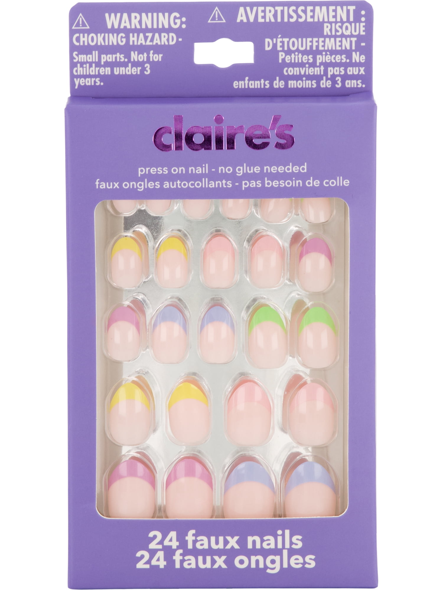 Claire's Tween Girls French Tip Pastel Rainbow Almond Shaped Press-on Nails, 24-Pack