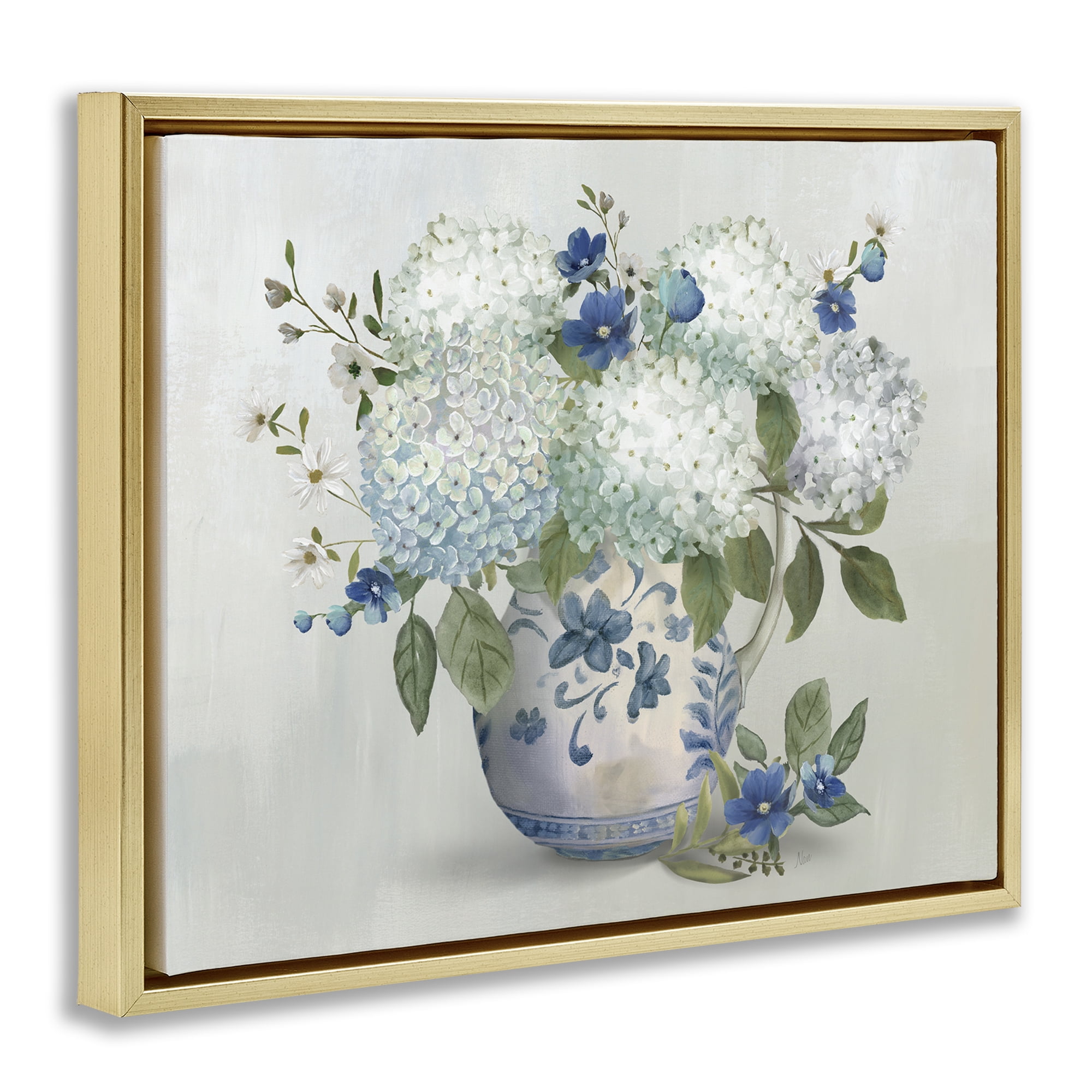 Stupell Industries Ivory & Blue Hydrangea Vase Gold Framed Floater Canvas Wall Art, design by Nan