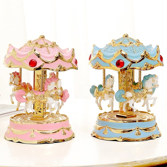 Amosfun 1Pc Pink Merry Go Round Music Box Decorative Melody Box with Electric Light