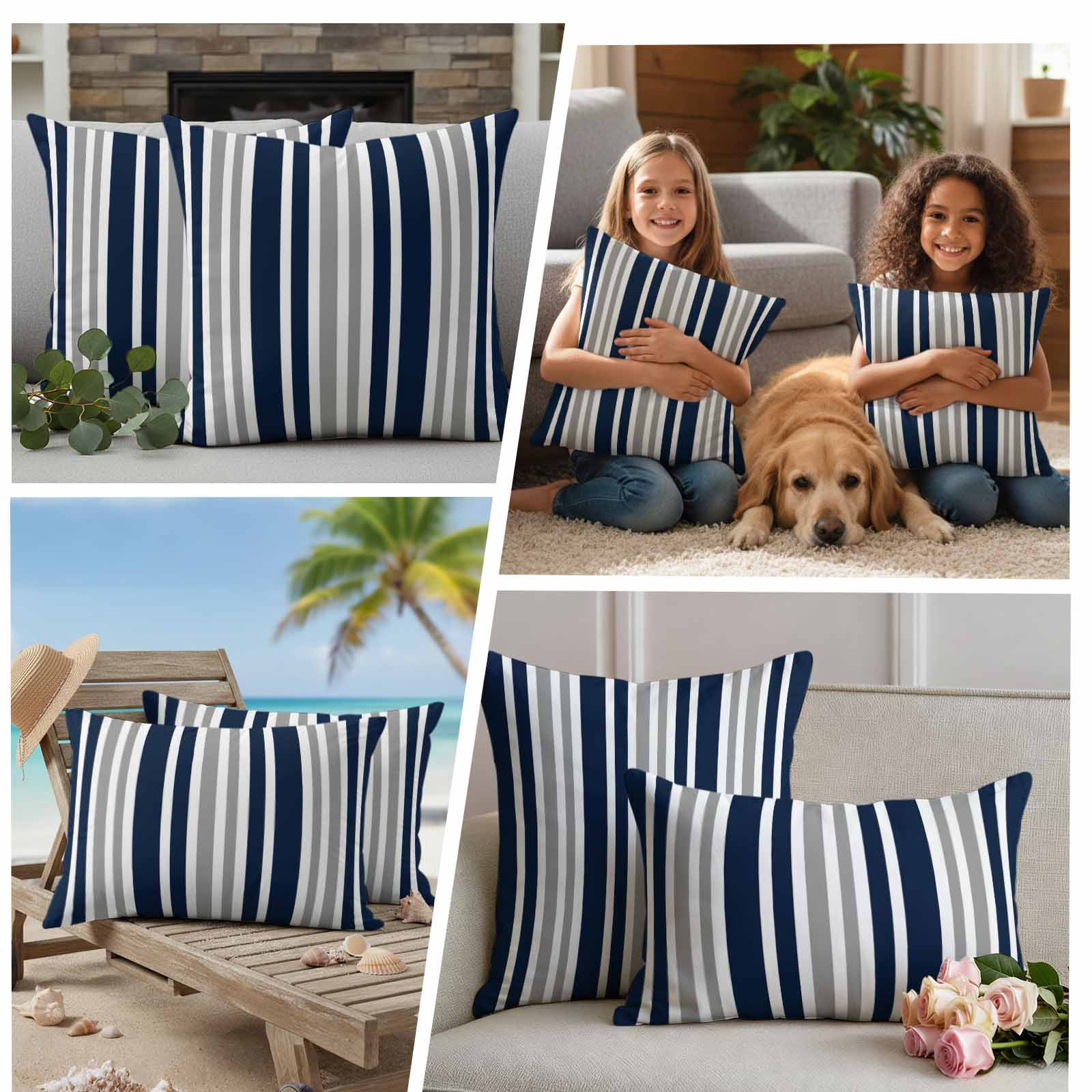 Navy Blue Grey Striped Outdoor Waterproof Pillow Covers, Modern Minimalist Ombre Lines Decorative Square Throw Pillowcase Sofa Cushion Sham for Patio/Couch/Chair, 24"x24" 2 Pack