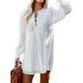 thumbnail image 3 of Franhais Women Casual Dress, Lace Patchwork Tied V Neck Long Lantern Sleeve Loose for Ladies, 3 of 9