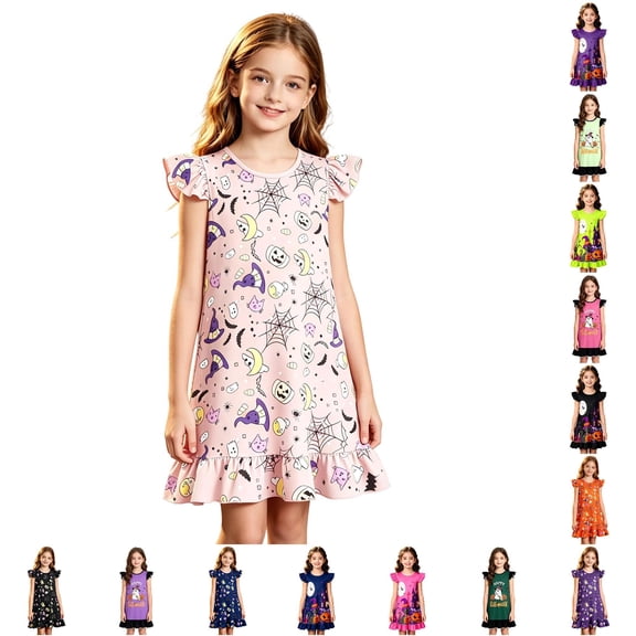 WhouRiu Girls Halloween Graphic Dresses Sleeveless Flutter Sleeve Crew Neck Dress Kids Comfortable Cute Party Nightgown,4-5 Years