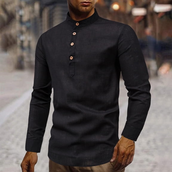 ZHOGXU Mens Shirt Long Sleeve Stand Collar Solid Color Buttons Fashion Comfortable Blouse For Casual Daily Wear,Black,Xxl