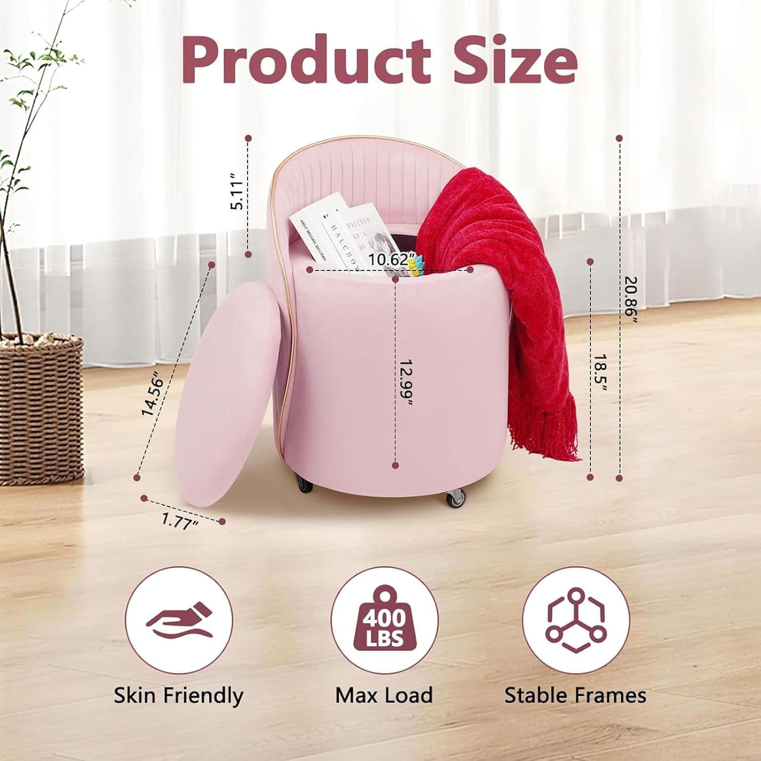 Round Storage Ottoman, Upholstered Velvet Vanity Stool with Lumbar Support, Swivel Rolling Wheels, Small Foot Stools Coffee Table Padded Seat for Makeup Room, Living Room, Bedroom (Pink)