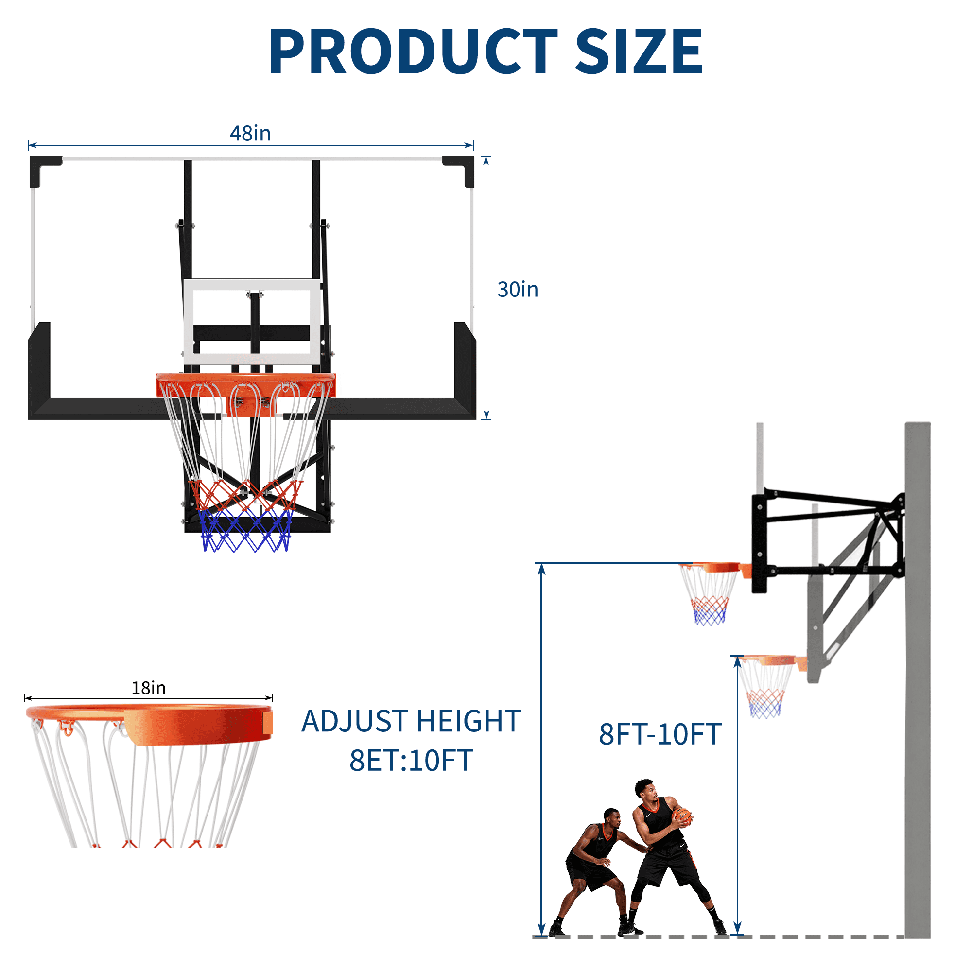 48'' Wall Mounted Basketball Hoop with Shatterproof Backboard, Basketball Portable Hoop & Goal, Indoor & Outdoor with Adjustable Height, Classic Basketball Court, Teens, Adults, Schools, Parks, Garag
