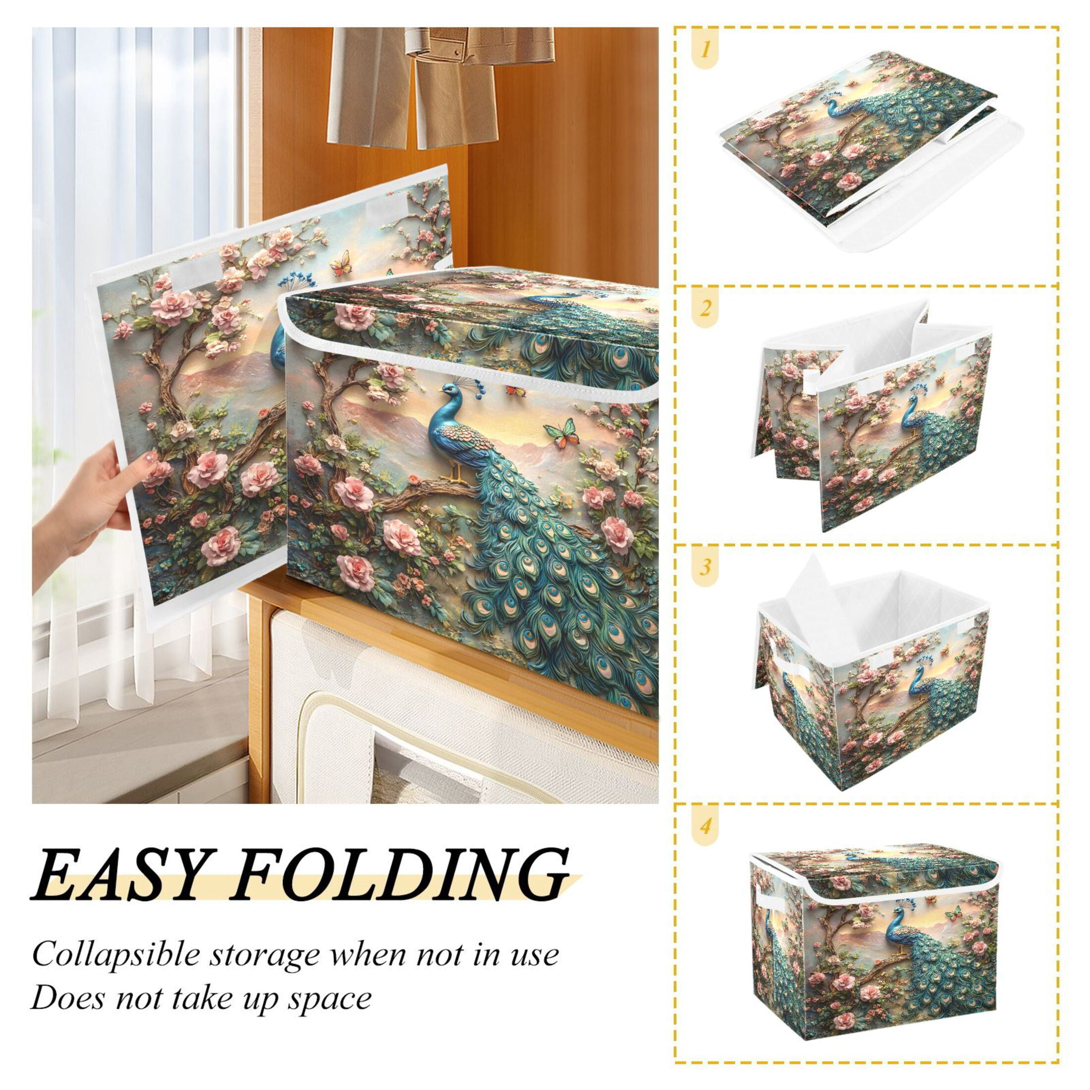 Ryvnso Peacock Butterfly Floral Large Lidded Foldable Storage Baskets Cubes Boxes Lids Bin for Home