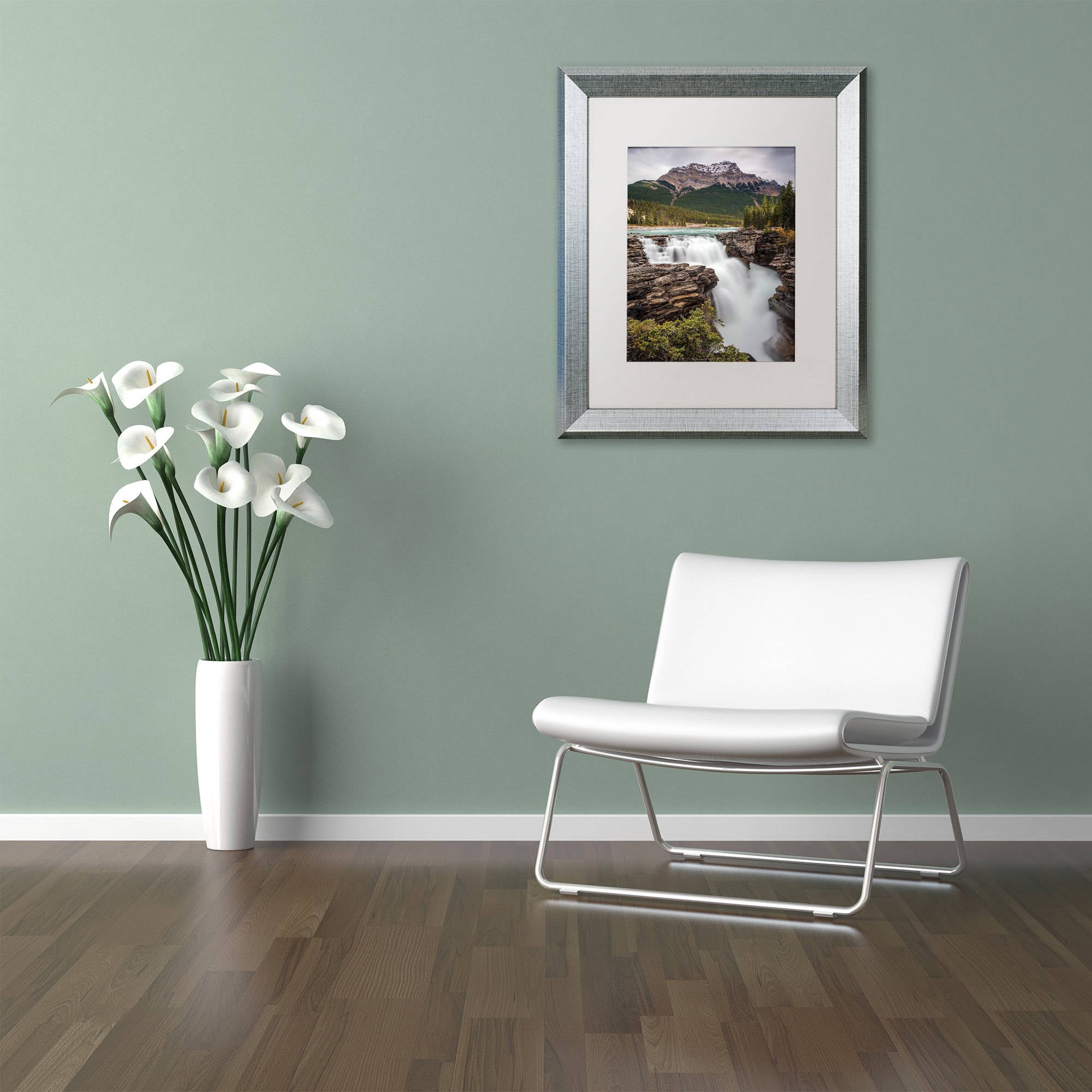 Trademark Fine Art 'Athabasca Falls' Canvas Art by Pierre Leclerc, White Matte, Silver Frame