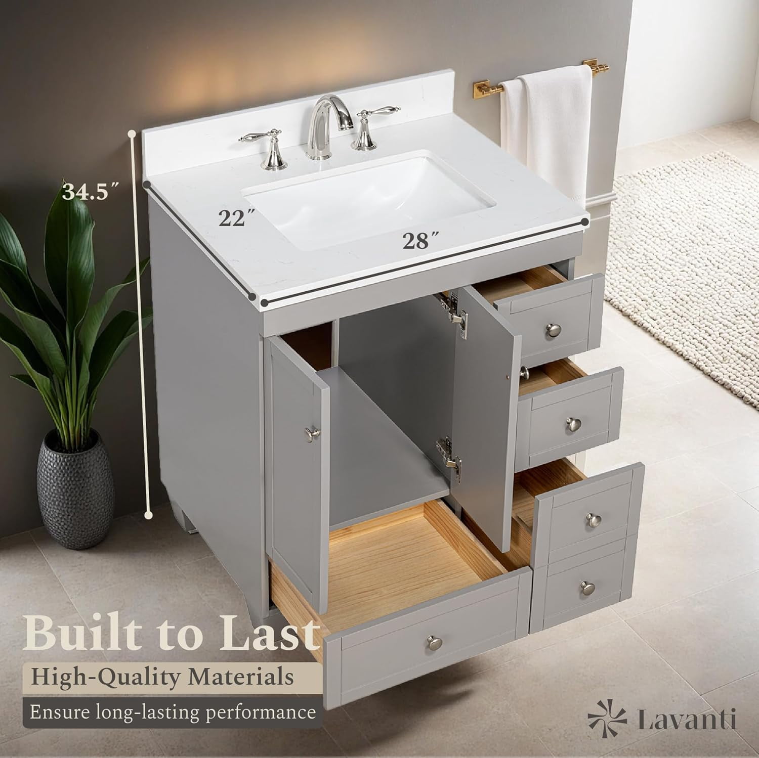Lavanti Depos Solidwood 28-inch Bathroom Vanity with Sink - Stylish Gray
