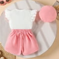 thumbnail image 4 of CAICJ98 Baby Toddler Girl Outfits Summer Clothes Crew Neck Knitted Cotton Ruffle Sleeves Button Tops+Mini Skirts+Beret 3Pcs Set (Pink,2-3 Years), 4 of 7