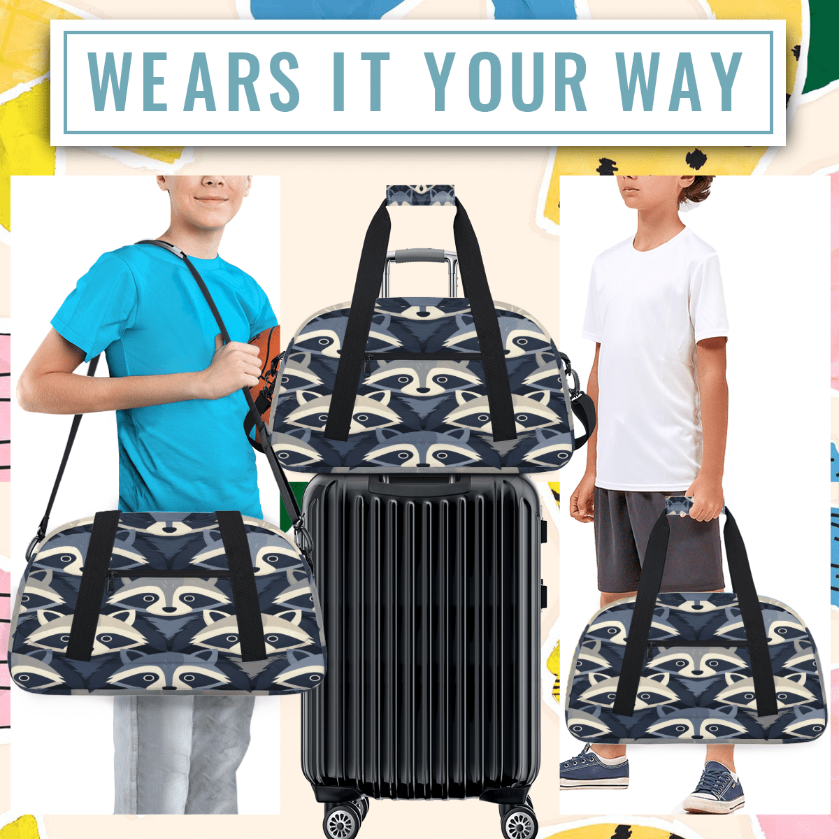 Herdesigns Raccoon Sports Duffle Bag for Women & Men, Cute Gym Bag Dance Bag Overnight Bag Carry On Weekender Travel Bag