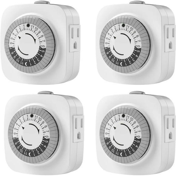 24 Hour Indoor Mechanical Timer with 2 Ground 3 Plug Socket Timer,30 min Daily on/Off Cycle for Lamps, Christmas Tree Lights, ETL Certified, White,4 Pack 4 Pack