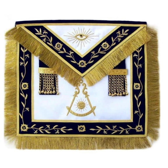 Past Master Blue Lodge Apron – Golden Vinework & Fringe Tassels Hand Embroidery, Masonic Regalia with Adjustable Belt
