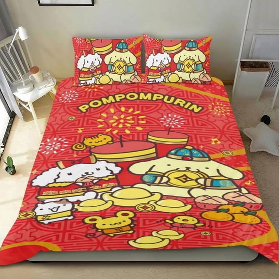 Cartoon 3 Piece Bedding Set Pom Pom Purin Comforter Set Cute Duvet Cover Sets Super Soft Girls Bedding Set Kids Bedroom Gifts,1 Duvet Cover with 2 Pillowcases Twin