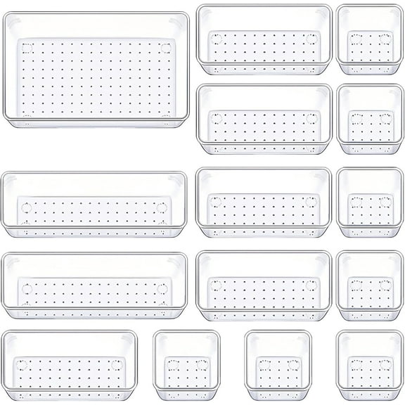 Drawer Organizers Set of 15, 4 Sizes Clear Plastic Drawer Organizers and Storage Bins for Kitchen, Bathroom, Office, Dresser Desk Drawer Organizer Tray for Jewelry, Makeup, Junk, Gadgets