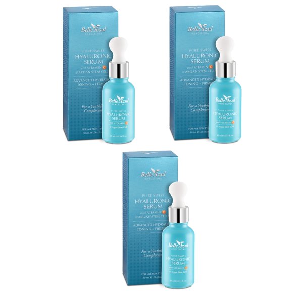 Belle Azul Sérum pour la Peau à l'Acide Hyaluronique Suisse Pur + Vitamine C et Cellules Souches d'Argan - Sérum Hydratant, Tonifiant et Raffermissant pour le Visage, le Cou et les Yeux 30 Ml/1,014 fl oz (Lot de 3)