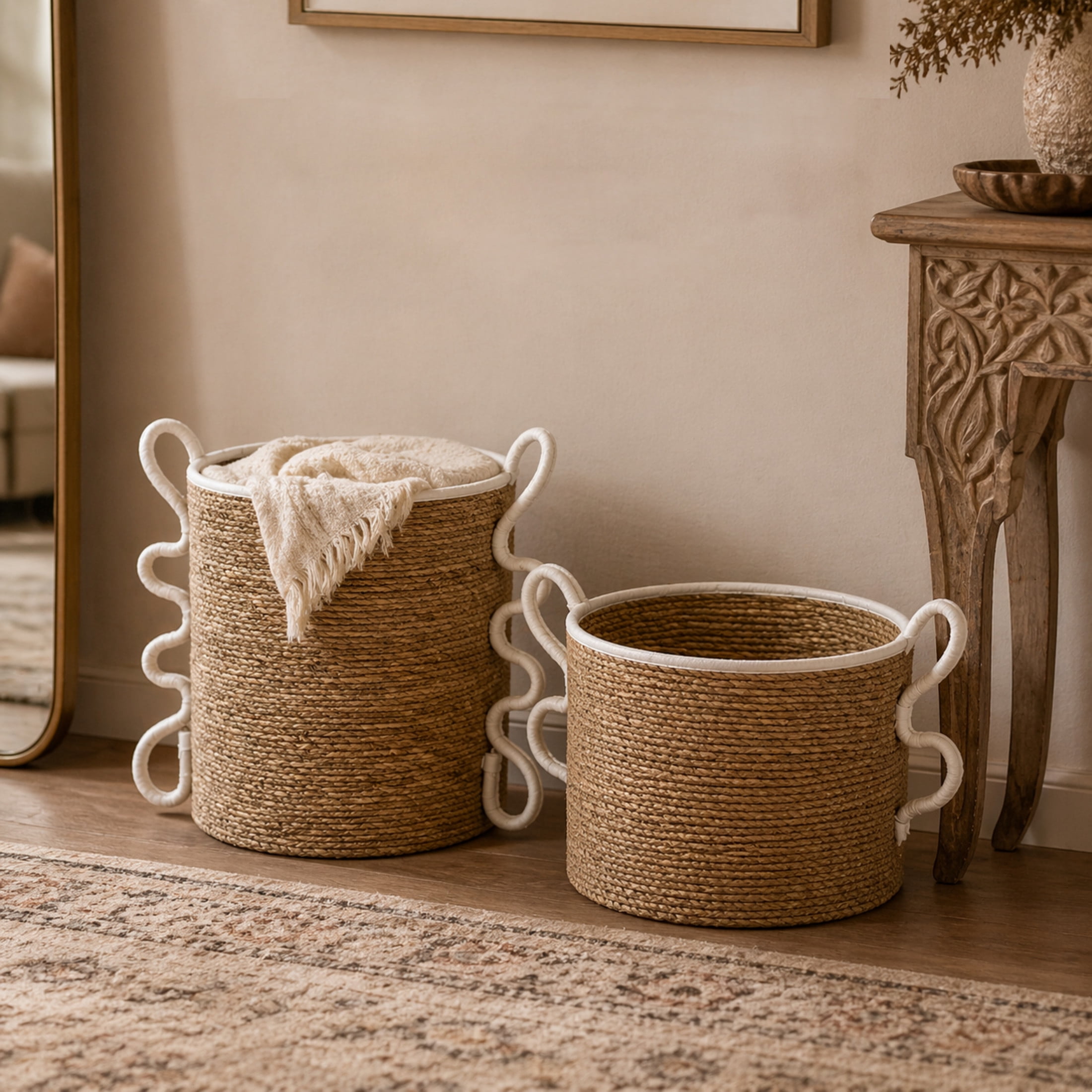 DecMode 10", 13"W Brown Seagrass Handmade Woven Storage Basket with Cream Arched Handles, 2-Pieces