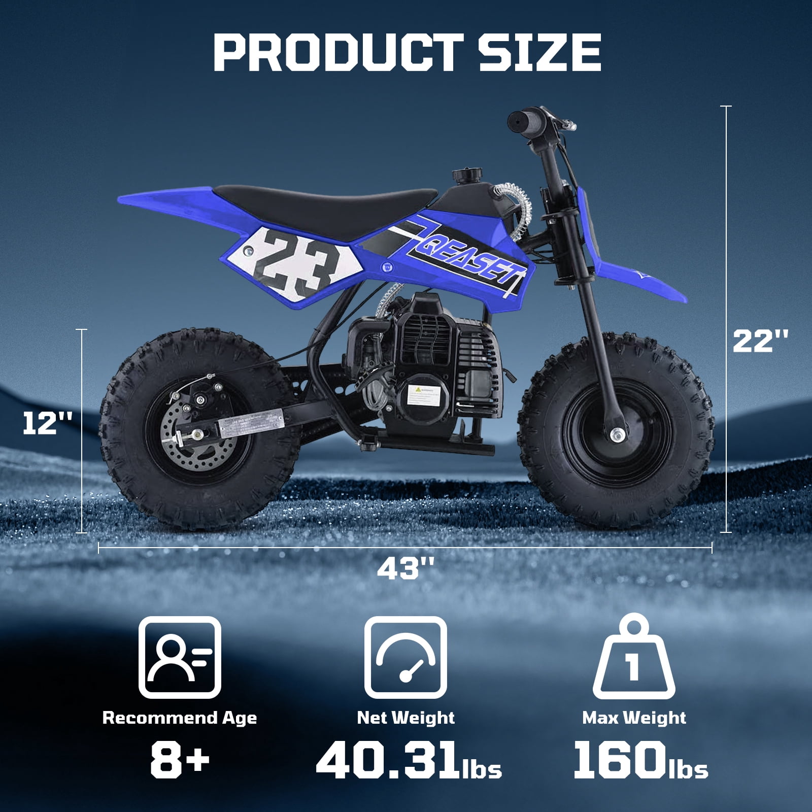 QEASET Mini Off-Road Dirt Bike, 49 CC 2-Stroke Gas Bike with Off-Rode Tire, Suspensions, Disc Brakes, Max Load 160Lbs, Max Speed 18Mph, Blue
