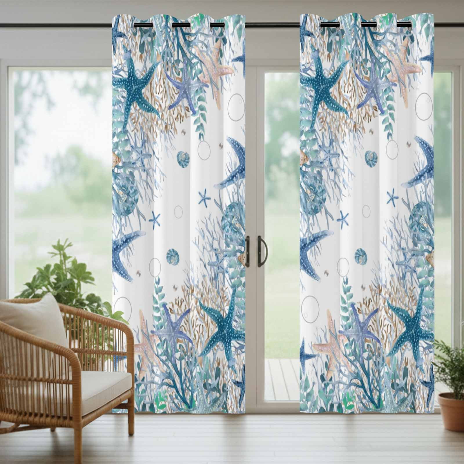 Summer Marine Life Outdoor Curtains for Patio, Watercolor Blue Starfish Ocean Bubble Coral Sunshade Privacy Drapes Grommet Waterproof Outside Curtains for Porch/Cabana/Balcony 54"x 108", 1 Panel