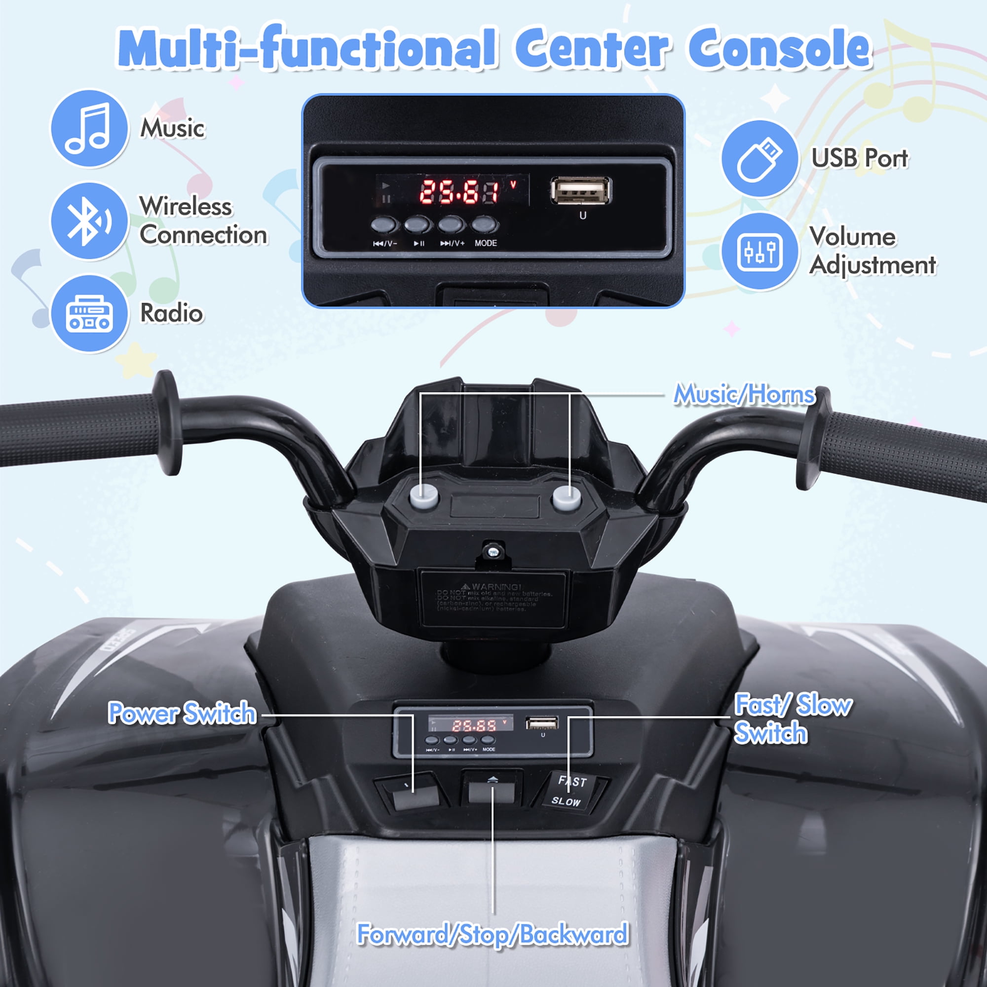 Gymax Kids Ride-On ATV 24V Battery Powered Electric Vehicle w/ Wireless Connection Music Radio Black