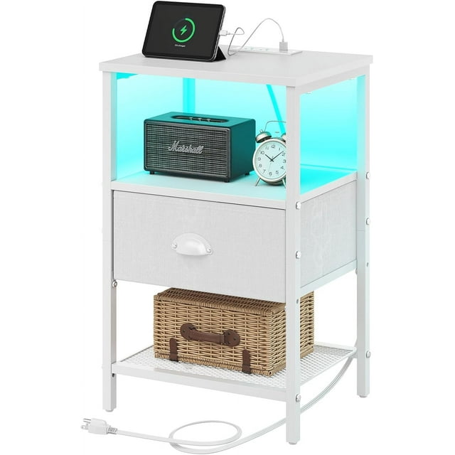 Sthmec Nightstands with Charging Station, LED Bedside Tables with Charging Station and Fabric Drawer, Night Stand with Storage, 3 Tier Side Table with Open Shelf, LED Nightstand Bedside Table,White