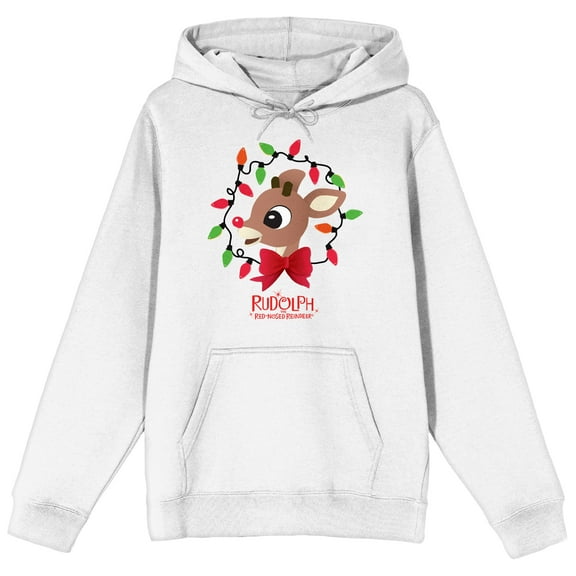 Rudolph the Red-Nosed Reindeer with Christmas Lights and Movie Title Logo Men's White Graphic Hoodie-Medium