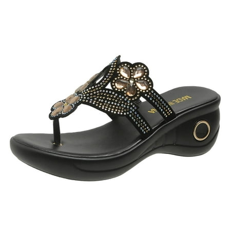 

Youmylove Women Sandals Fashion Elegant Flip Flop Rhinestone Hollow Flower Wedge Comfortable Versatile Shoes Summer Comfy Daily Simple Walking Footwears