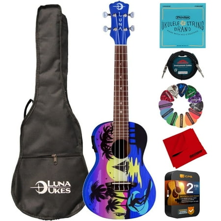 Luna UKE KAUWELA C EL Kauwela Summer Concert Ukulele with Preamp and Gigbag Bundle with Replacement Strings, Cable, Guitar Pick, Cleaning Cloth and Premium 2 YR CPS Enhanced Protection Pack