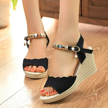 

Ykohkofe Women Wedge Sequin Buckle Sandals Block Heel Shiny Rhinestone Shoes Open Toe Prom Block Heel Sandals