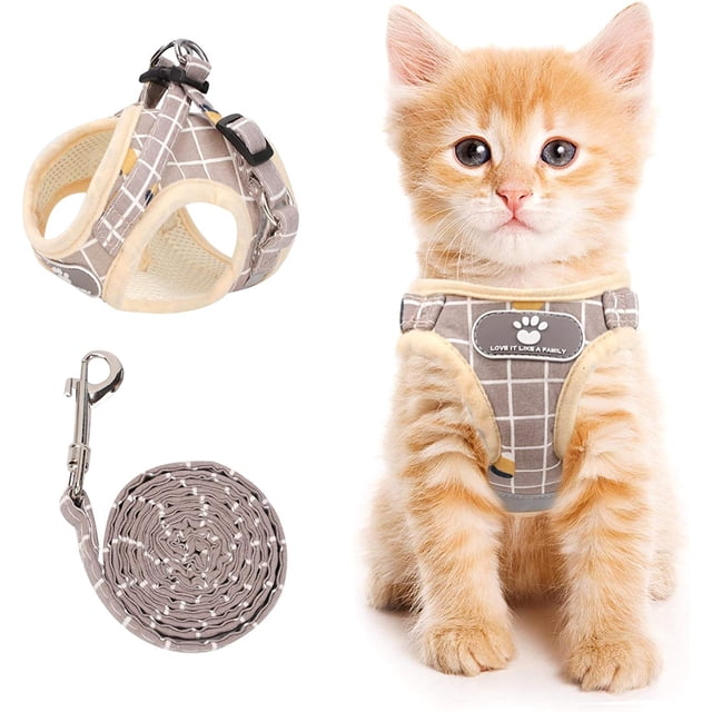 GFDYREE Cat Vest Harness and Small Dog Vest Harness for Walking, All Weather Mesh Harness, Cat Vest Harness with Reflective Strap, Step in Adjustable Harness for Small Cats (Khaki-Pattern, X